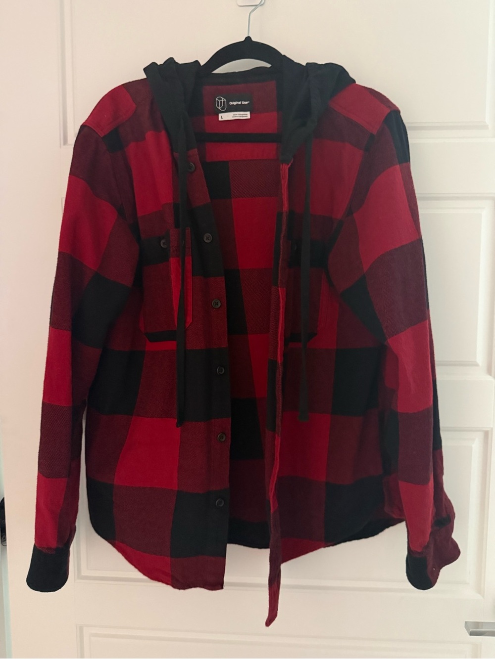 Original Use Red and Black Plaid Hooded Jean Jacket